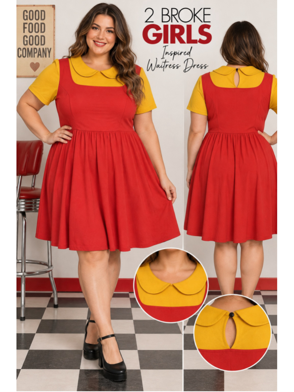 2 Broke Girls Waitress Costume Dress Plus 2X Max Caroline Cosplay Halloween